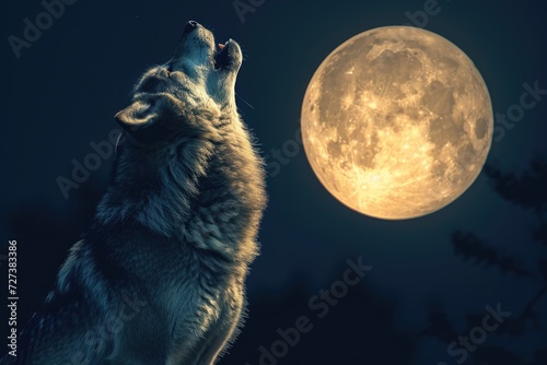 A wolf stands on the ground and gazes up at the full moon shining brightly in the night sky, A howling wolf against the backdrop of a full moon, AI Generated
