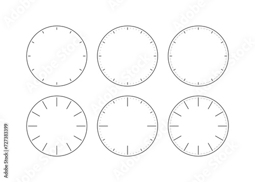 set of six options analog clock dials on white background. round dial set