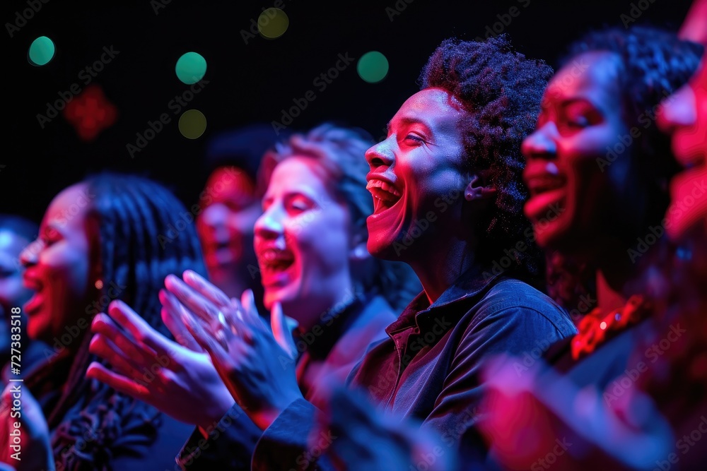 A group of individuals enthusiastically clapping and applauding in unison inside a dimly lit room, A joyful Hanukkah celebration with music and dancing, AI Generated A group of individuals enthusiastically clapping and applauding in unison inside a dimly lit room, A joyful Hanukkah celebration with music and dancing, AI Generated