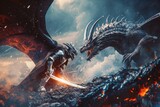 A fierce dragon engages in a deadly battle with a armored knight, A knight battling a dragon symbolizing cybersecurity versus cyber threats, AI Generated