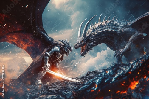 A fierce dragon engages in a deadly battle with a armored knight, A knight battling a dragon symbolizing cybersecurity versus cyber threats, AI Generated