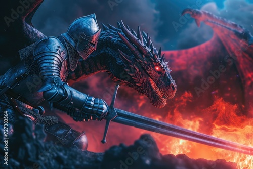 A man in armor stands before a dragon, firmly holding a sword, prepared for battle, A knight battling a dragon symbolizing cybersecurity versus cyber threats, AI Generated © Ifti Digital