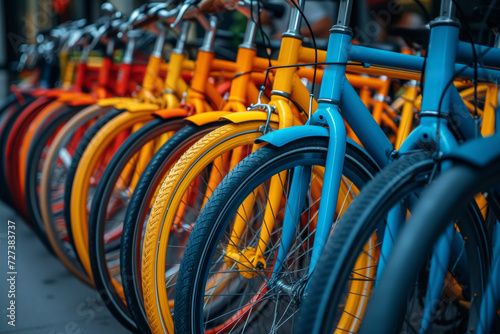 Rows of colorful bicycles parked neatly, symbolizing the eco-friendly trend of bike commuting in urban environments. Concept of sustainable transportation. Generative Ai.