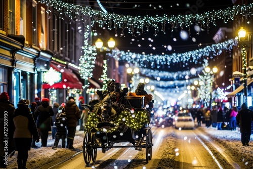 A horse drawn carriage travels down a street covered in snow, with the horse pulling the carriage and the carriage driver guiding the reins, A lively Christmas parade in a bustling city, AI Generated