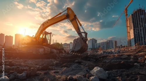 Excavator heavy equipment is operating in a construction project area