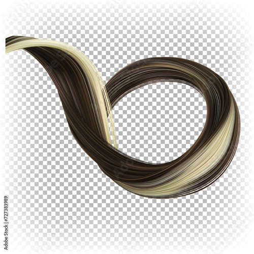 3d realistic female hair twisted in a circle. The illustration is isolated on a transparent background. A lock of curly hair.