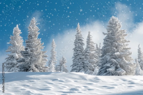 A photograph capturing a wintry scene with snow-covered trees and delicate snow flakes falling gently from the sky, A magical snowy hillside with Christmas trees, AI Generated © Ifti Digital