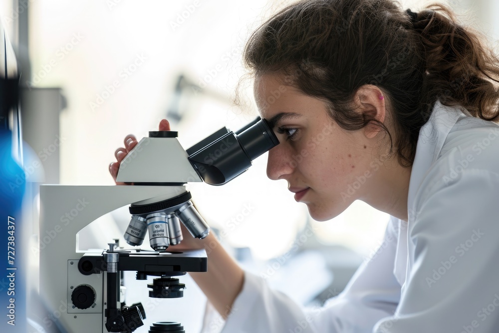 A woman in a laboratory setting is peering through a microscope, studying a specimen up close, A medical student looking through a microscope, AI Generated A woman in a laboratory setting is peering through a microscope, studying a specimen up close, A medical student looking through a microscope, AI Generated