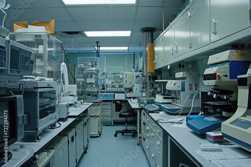 This photo showcases a spacious laboratory filled with a diverse array of scientific equipment, A medical laboratory filled with machines, AI Generated