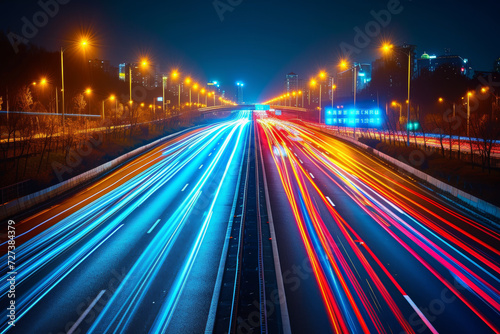 Dynamic streaks of light created by the movement of vehicles on a busy highway at night, symbolizing the constant motion of urban life. Concept of city dynamics. Generative Ai.