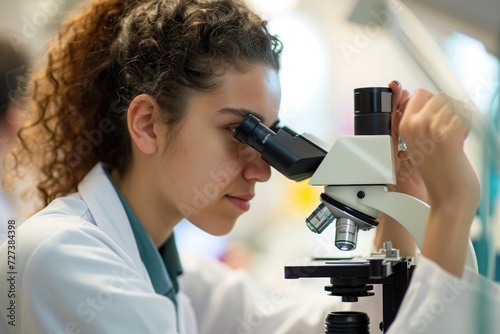 A woman wearing a lab coat is focused on examining a microscope slide through a laboratory microscope, A medical student looking through a microscope, AI Generated