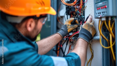 Close-up shot of an electrician carefully repairing wiring and electrical equipment.