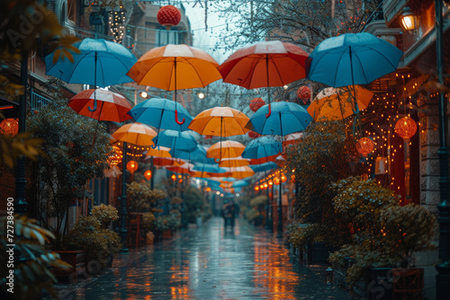 A series of colorful umbrellas suspended above a busy street  creating a vibrant and festive atmosphere. Concept of street decoration and celebration. Generative Ai.