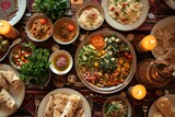A table covered with a wide variety of delectable dishes representing different cuisines and flavors, appealing to all palates, A Middle-Eastern feast in warm, earthy tones, AI Generated