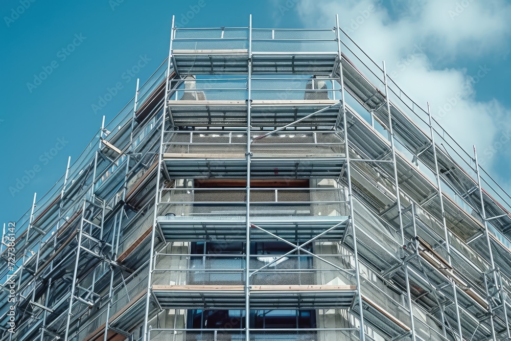 A photograph of a towering building covered in scaffolding, showcasing ongoing construction work, A modernized scaffolding system with integrated safety technology, AI Generated