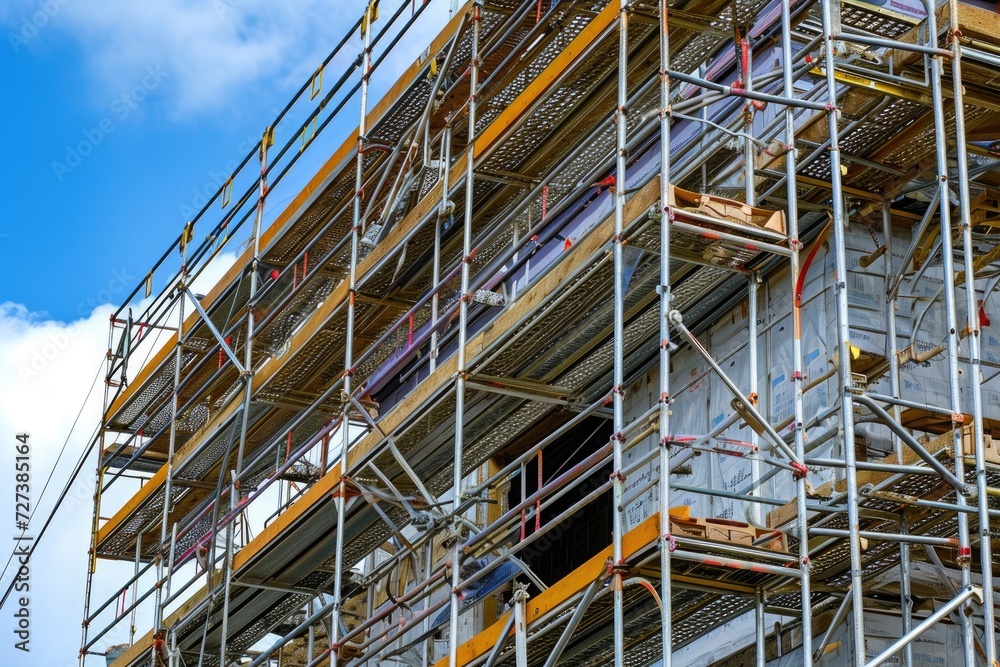 A large building with scaffolding on one side undergoing construction work, A modernized scaffolding system with integrated safety technology, AI Generated