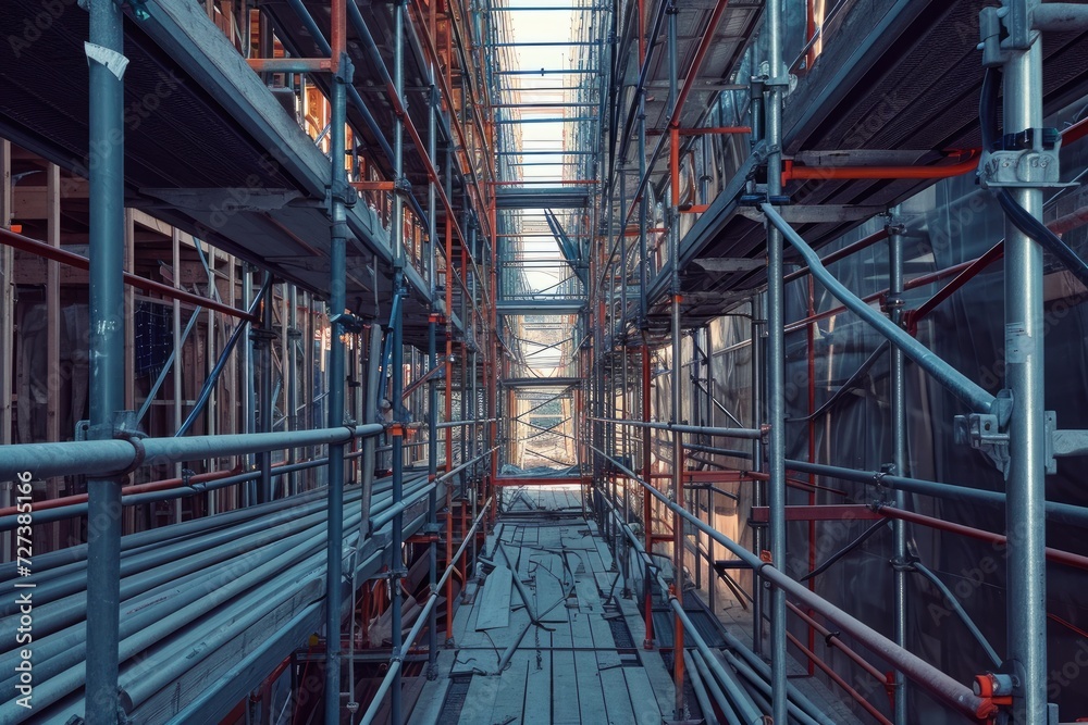 A photograph showcasing a large industrial building filled with a complex network of metal pipes and scaffolding, A modernized scaffolding system with integrated safety technology, AI Generated