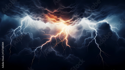 Lightning on the sky, gloomy ominous storm clouds background