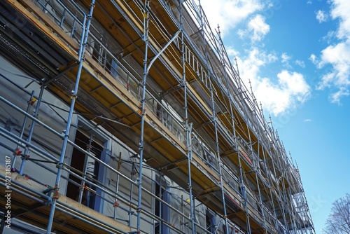A photo of a building undergoing construction with scaffolding erected on its side, A modernized scaffolding system with integrated safety technology, AI Generated