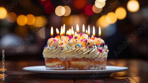 Colored birthday cake with different colored candles. Colored lights and confetti