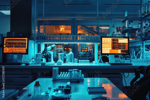 This photo captures a lab bustling with an array of scientific tools and equipment ready for use, A nanomedicine laboratory with tiny devices and substances visible, AI Generated photo