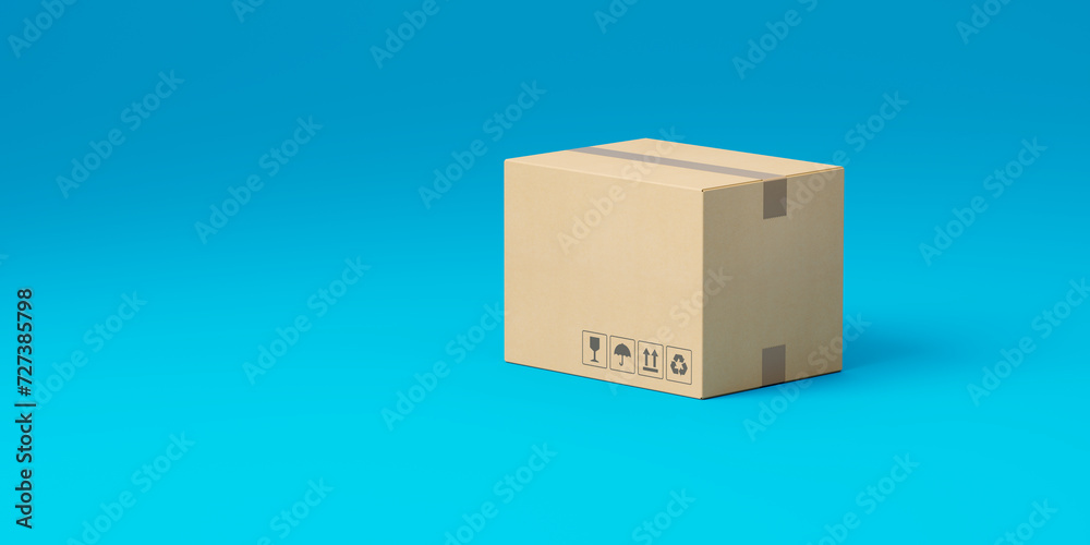 Sealed shipping cardboard box isolated on blue background. Icon or mockup. 3d rendering Sealed shipping cardboard box isolated on blue background. Icon or mockup. 3d rendering