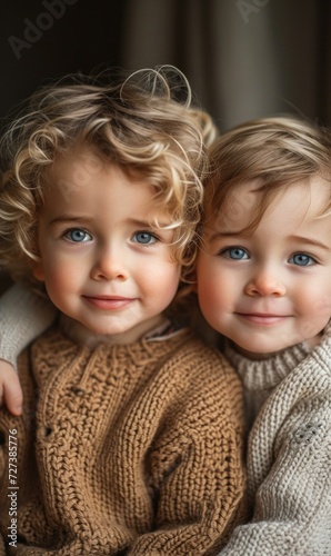 Two little children in sweaters posing for the camera. Generative AI.