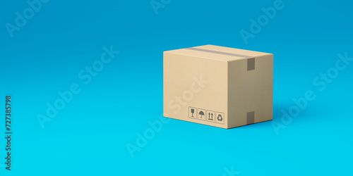 Sealed shipping cardboard box isolated on blue background. Icon or mockup. 3d rendering