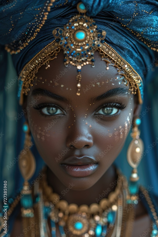 An african woman with blue makeup and jewelry. Generative AI.