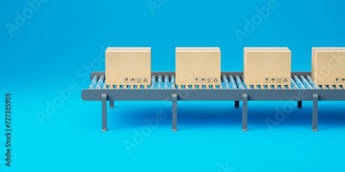 a conveyor belt distributes goods in cardboard boxes. Distribution of cargo or goods. 3d rendering