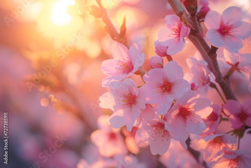 Spring background. Beautiful pink cherry blossoms. Japanese blossom Sakura in park outdoors