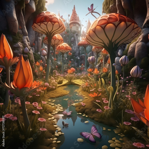 Capture the essence of April Fools' Day in a surreal garden scene where flowers bloom in unexpected shapes, and butterflies disguise themselves as tiny jesters