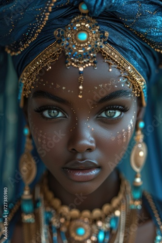 An african woman with blue makeup and jewelry. Generative AI. © Natalia
