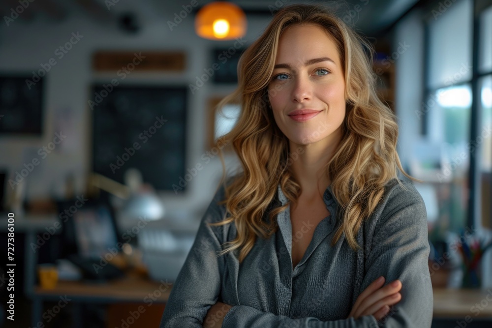 A woman standing in front of a desk with her arms crossed. Generative AI. A woman standing in front of a desk with her arms crossed. Generative AI.