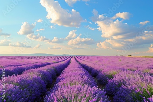 A vibrant field filled with rows of lavender flowers subtly swaying under a cloudy sky, A panorama of vast lavender fields under a radiant summer sky, AI Generated