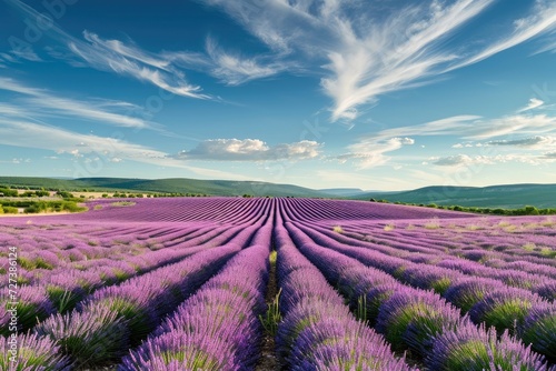A beautiful field filled with lavender flowers, stretching as far as the eye can see, under a clear blue sky, A panorama of vast lavender fields under a radiant summer sky, AI Generated