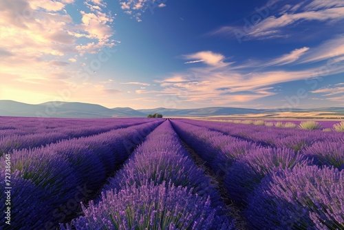A picturesque field filled with lavender flowers stretching to the horizon  set against a cloudy sky  A panorama of vast lavender fields under a radiant summer sky  AI Generated