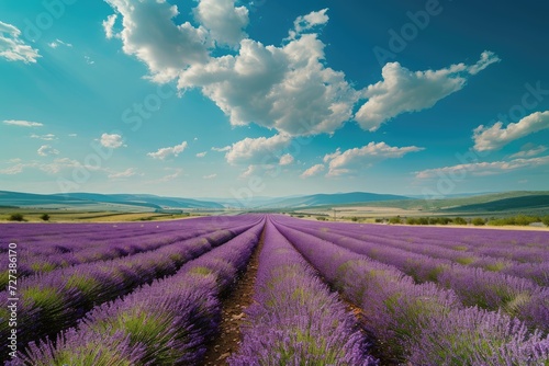 A vibrant field of purple lavender flowers stretches out as far as the eye can see under a clear blue sky, A panorama of vast lavender fields under a radiant summer sky, AI Generated