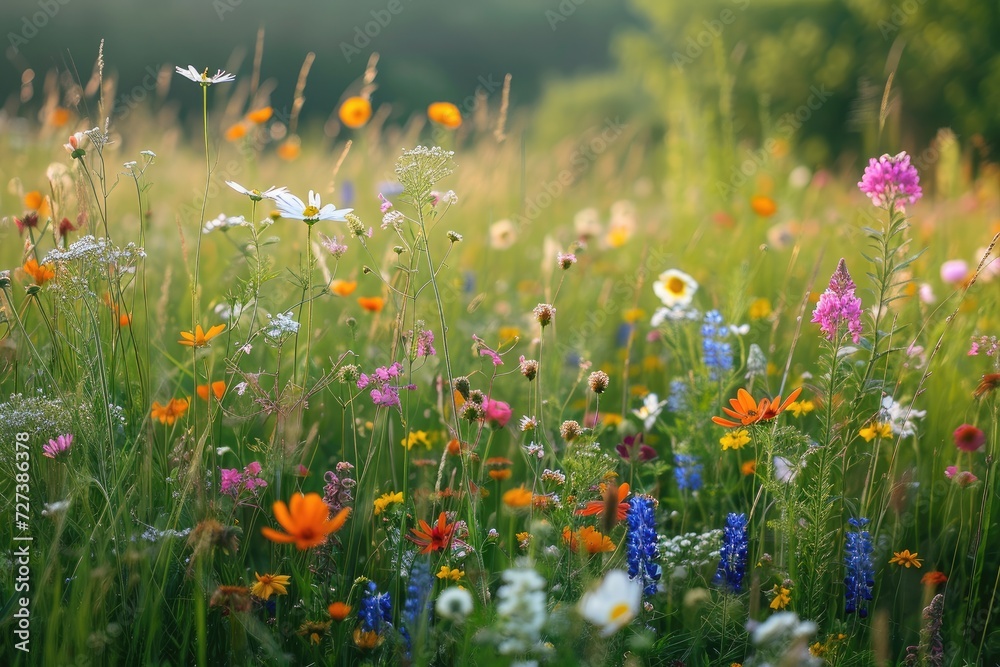 Lush and vibrant field filled with a diverse array of wildflowers and other flowers in bloom, A peaceful meadow filled with blooming wildflowers, AI Generated