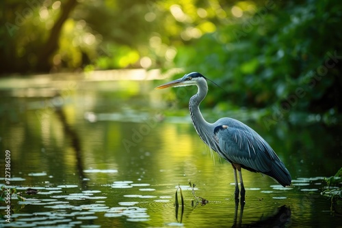 A bird stands in the shallow water, surrounded by ripples and reflections, A patient heron standing in a serene pond, waiting for fish, AI Generated