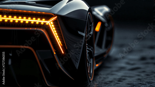 Sleek Black Futuristic Sports Car with Orange LED Illumination and Aerodynamic Design