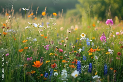 Lush and vibrant field filled with a diverse array of wildflowers and other flowers in bloom, A peaceful meadow filled with blooming wildflowers, AI Generated
