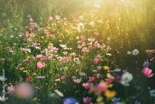 A picturesque field filled with colorful flowers, as sunlight filters through the lush green grass, A peaceful meadow filled with blooming wildflowers, AI Generated