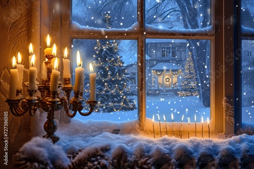 Window With a Christmas Tree Outside, A peaceful, snowy scene with a menorah glowing in the window, AI Generated photo