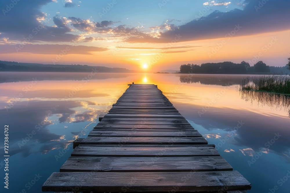 A stunning photograph capturing the serene beauty of a long dock extending into the water as the sun sets, A picturesque scene of a wooden pier extending into a calm lake at sunrise, AI Generated