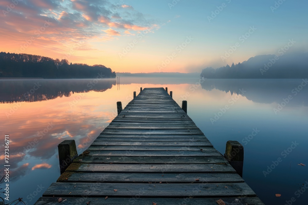 A dock stands atop a peaceful lake, nestled next to a dense forest, A picturesque scene of a wooden pier extending into a calm lake at sunrise, AI Generated - obrazy, fototapety, plakaty 