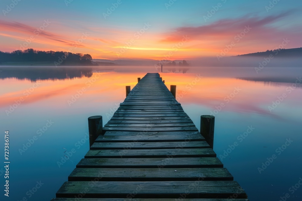 A Dock Floating in the Water, A picturesque scene of a wooden pier extending into a calm lake at sunrise, AI Generated
