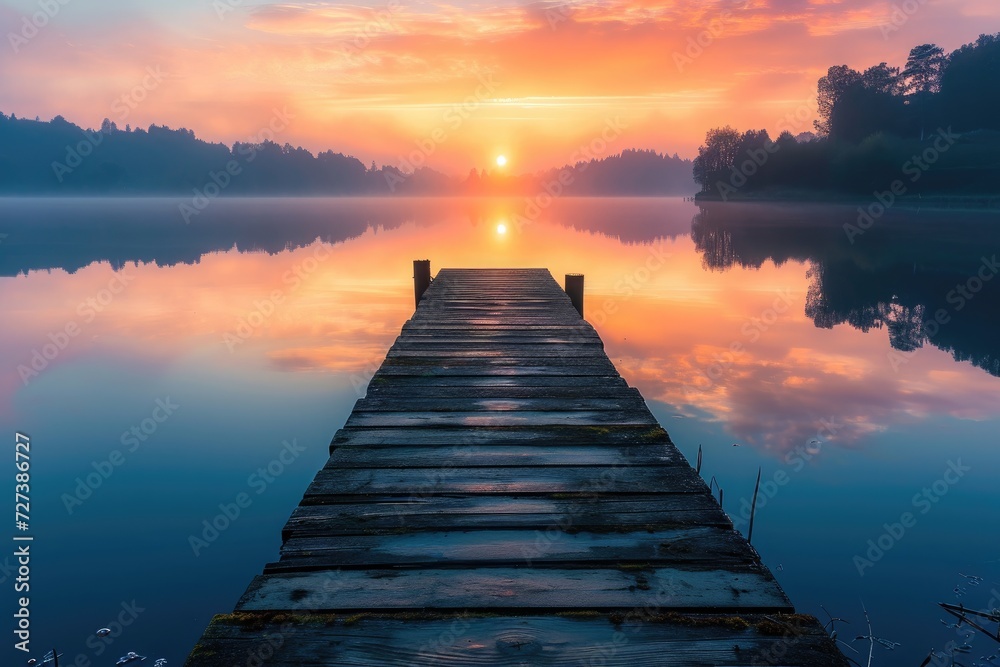 A wooden dock is seen floating on the calm water, creating a platform for boats to rest, A picturesque scene of a wooden pier extending into a calm lake at sunrise, AI Generated - obrazy, fototapety, plakaty 