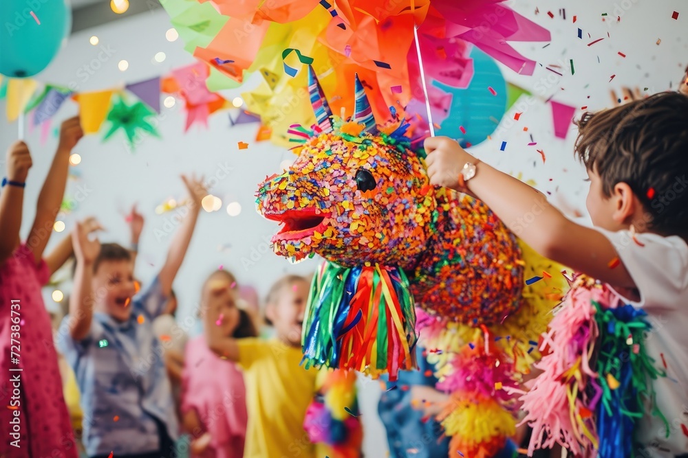 Fototapeta premium Group of Children Standing Around Colorful Horse, A pinata being exploded at a vibrant children's party, AI Generated