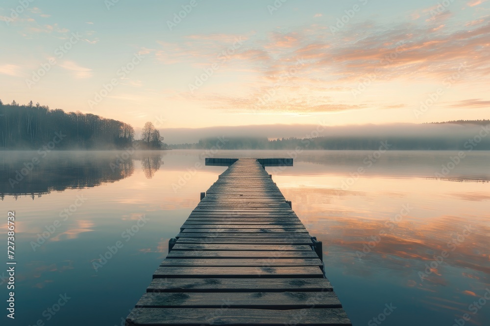 Fototapeta premium A dock extends over a serene lake, surrounded by lush greenery of a nearby forest, A picturesque scene of a wooden pier extending into a calm lake at sunrise, AI Generated